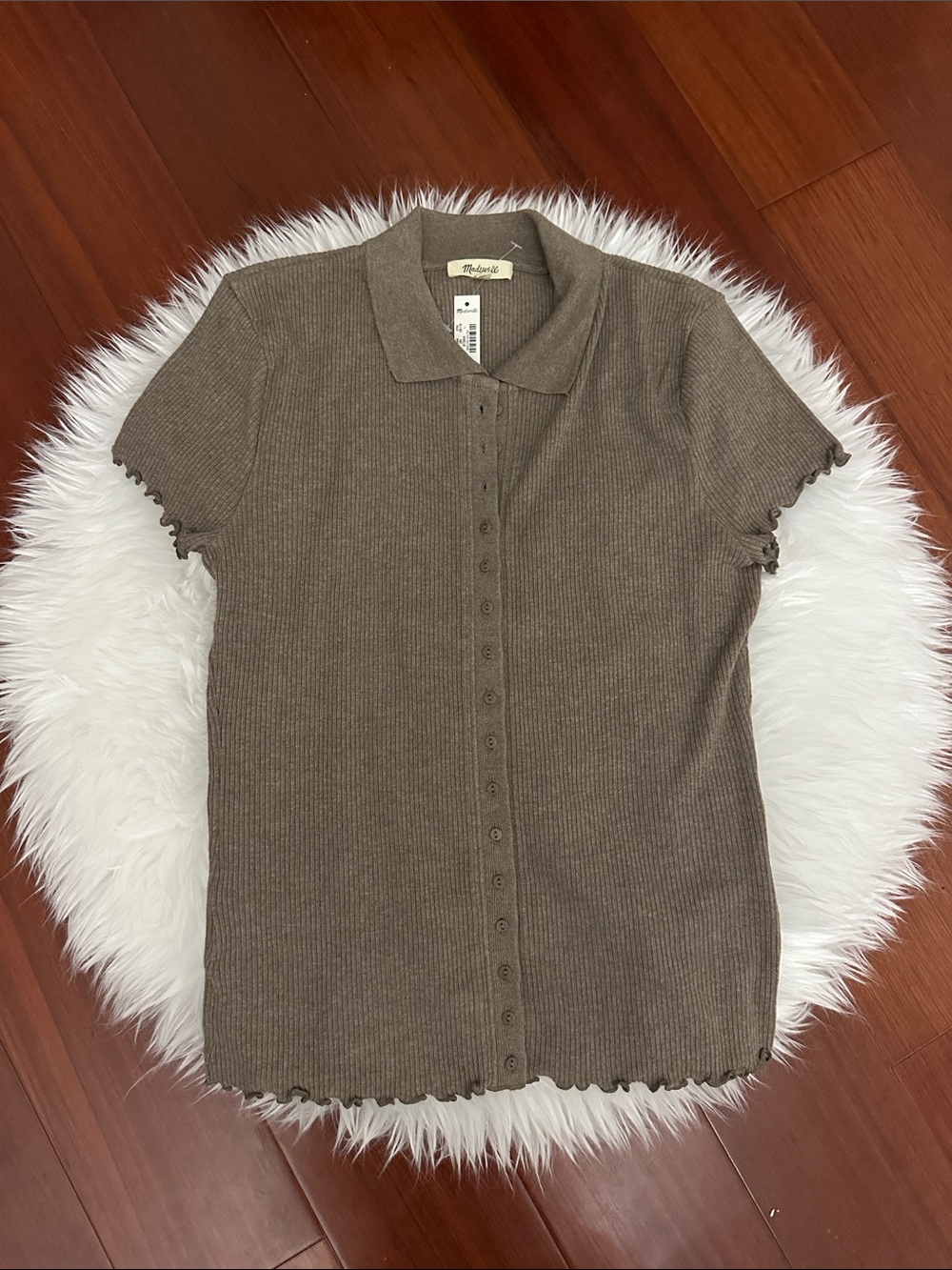 Madewell Taupe Brown Ribbed Button-Front Polo Top